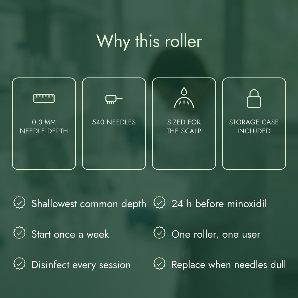 Why this roller: 0.3 mm needle depth, 540 needles, Sized for the scalp, Storage case included