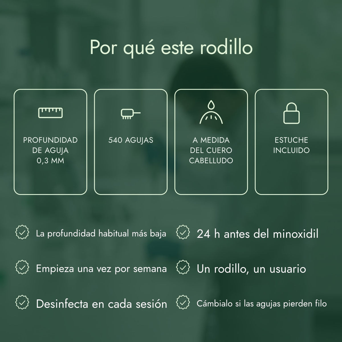 Por qué este rodillo: Profundidad de aguja 0,3 mm, 540 agujas, A medida del cuero cabelludo, Estuche incluido