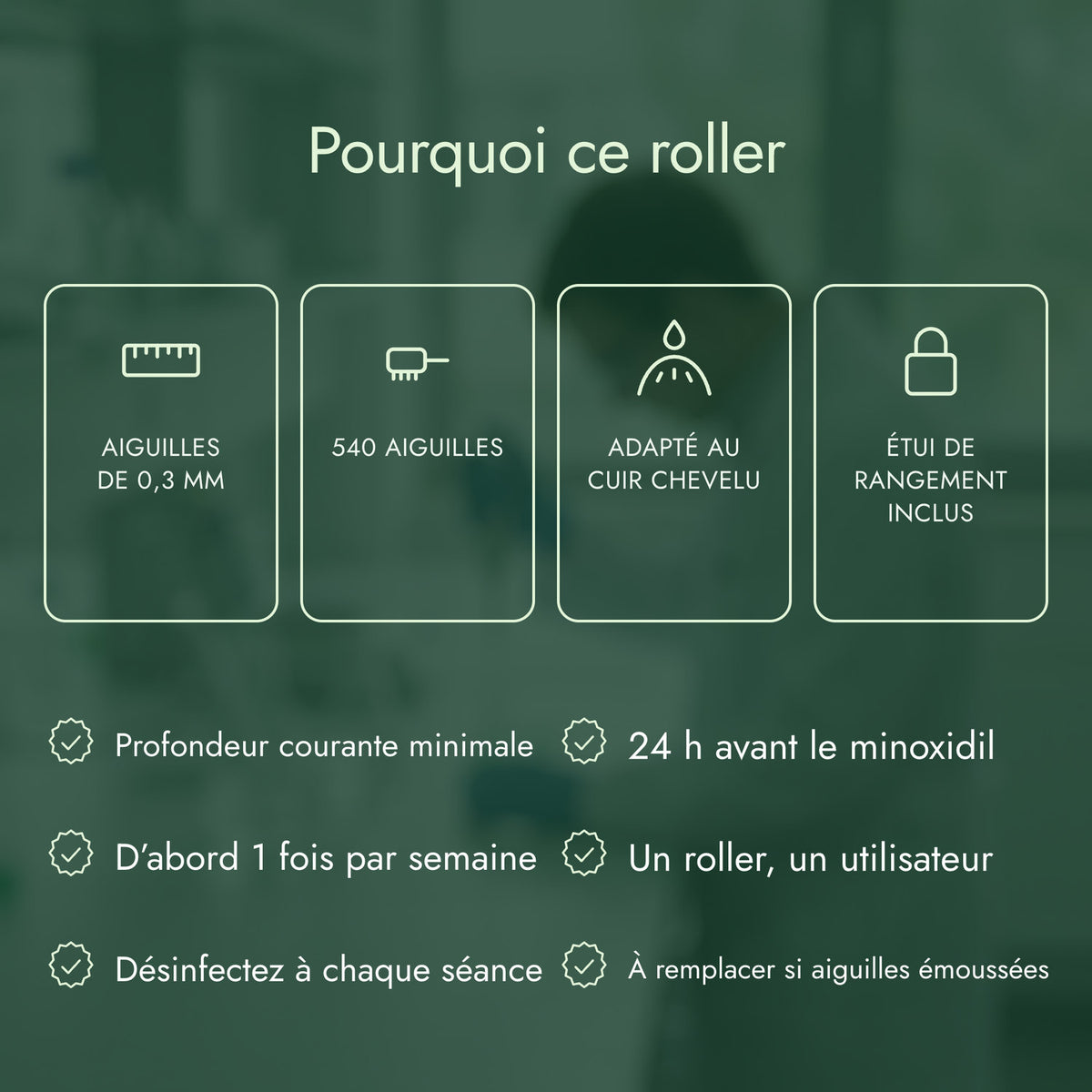 Pourquoi ce roller: Aiguilles de 0,3 mm, 540 aiguilles, Adapté au cuir chevelu, Étui de rangement inclus