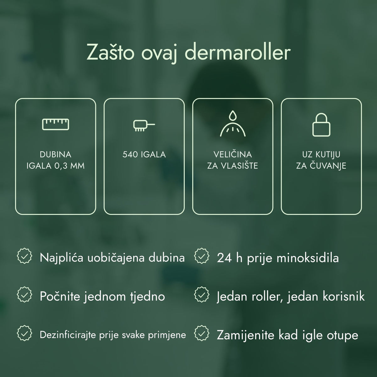 Zašto ovaj dermaroller: Dubina igala 0,3 mm, 540 igala, Veličina za vlasište, Uz kutiju za čuvanje