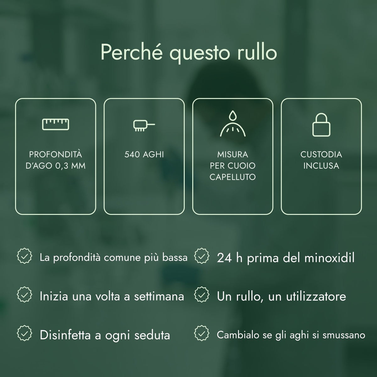Perché questo rullo: Profondità d’ago 0,3 mm, 540 aghi, Misura per cuoio capelluto, Custodia inclusa