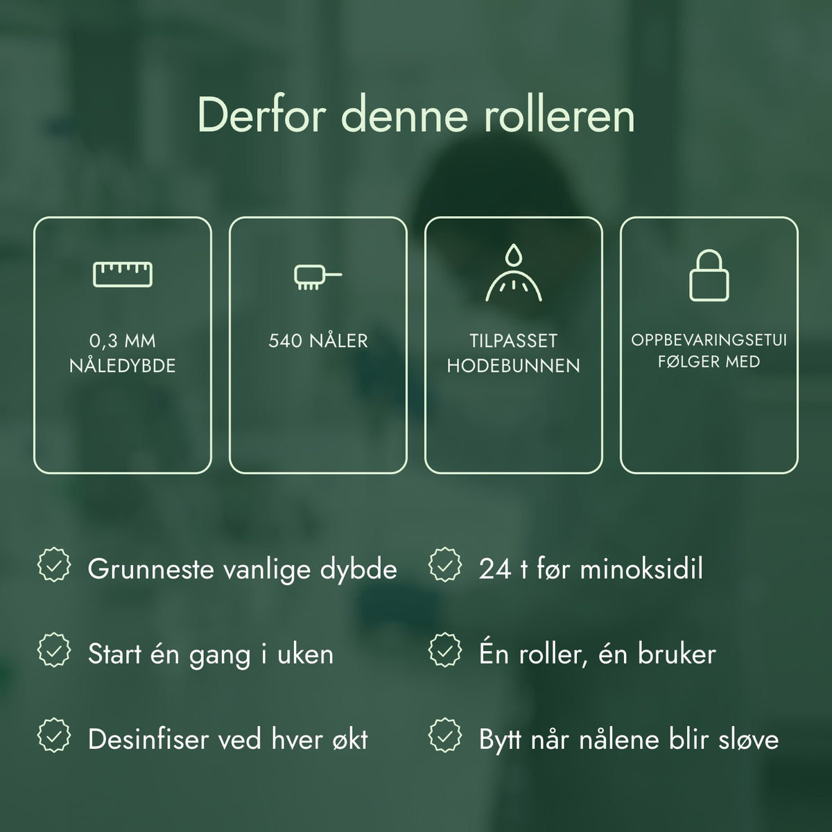 Derfor denne rolleren: 0,3 mm nåledybde, 540 nåler, Tilpasset hodebunnen, Oppbevaringsetui følger med