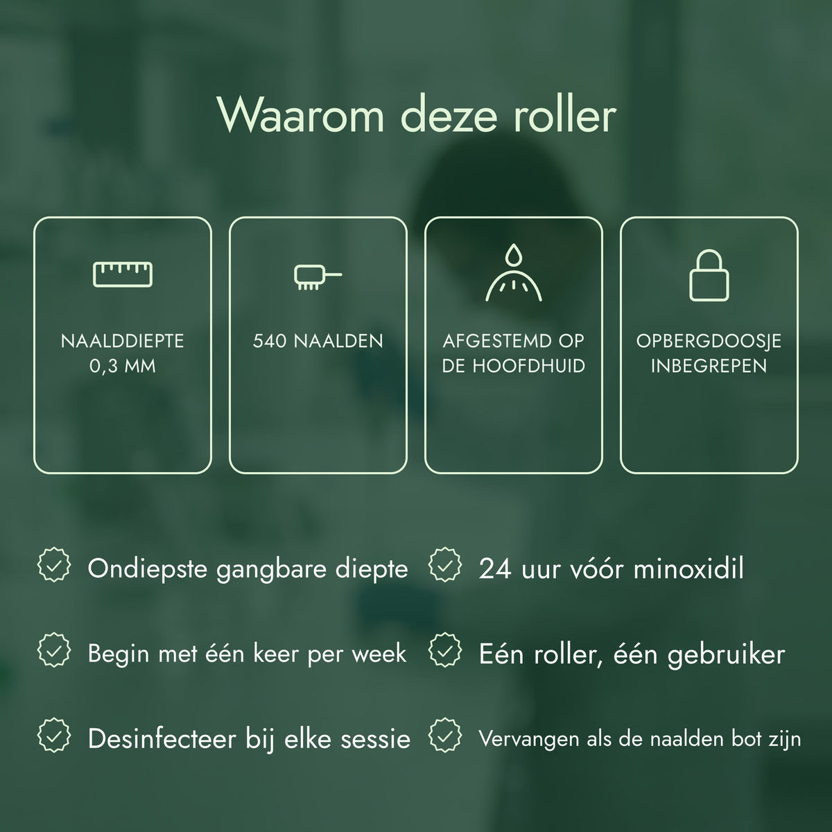 Waarom deze roller: Naalddiepte 0,3 mm, 540 naalden, Afgestemd op de hoofdhuid, Opbergdoosje inbegrepen