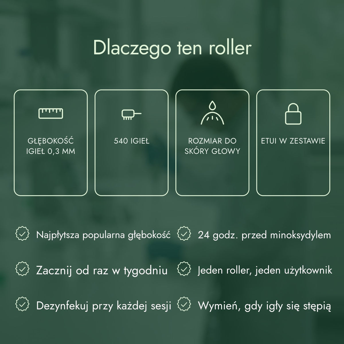 Dlaczego ten roller: Głębokość igieł 0,3 mm, 540 igieł, Rozmiar do skóry głowy, Etui w zestawie