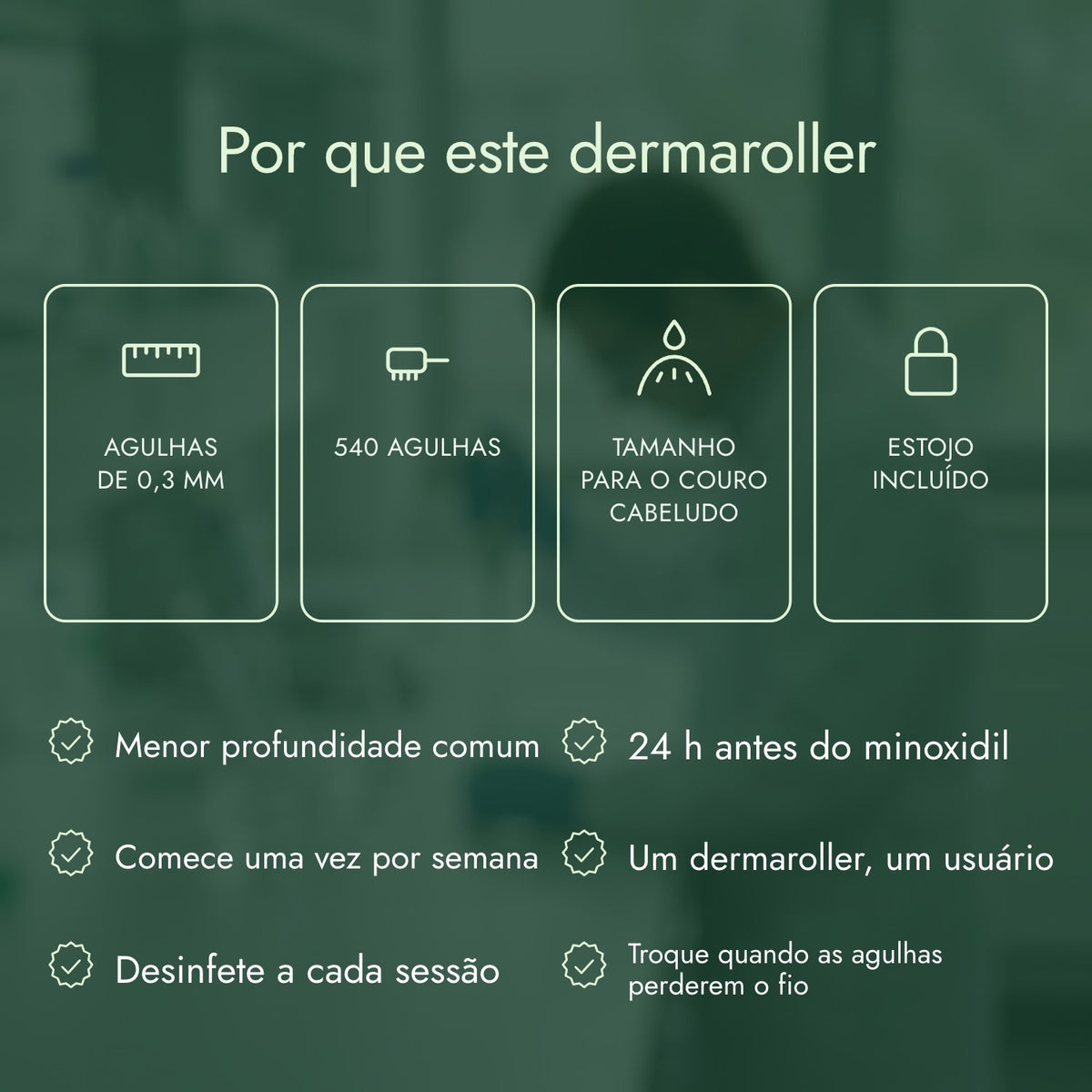 Por que este dermaroller: Agulhas de 0,3 mm, 540 agulhas, Tamanho para o couro cabeludo, Estojo incluído