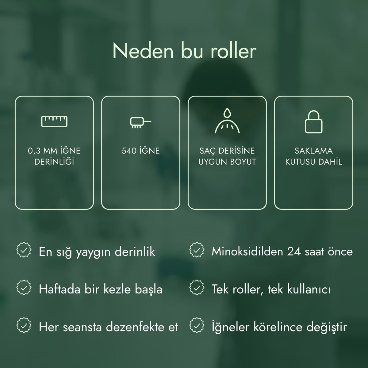 Neden bu roller: 0,3 mm iğne derinliği, 540 iğne, Saç derisine uygun boyut, Saklama kutusu dahil