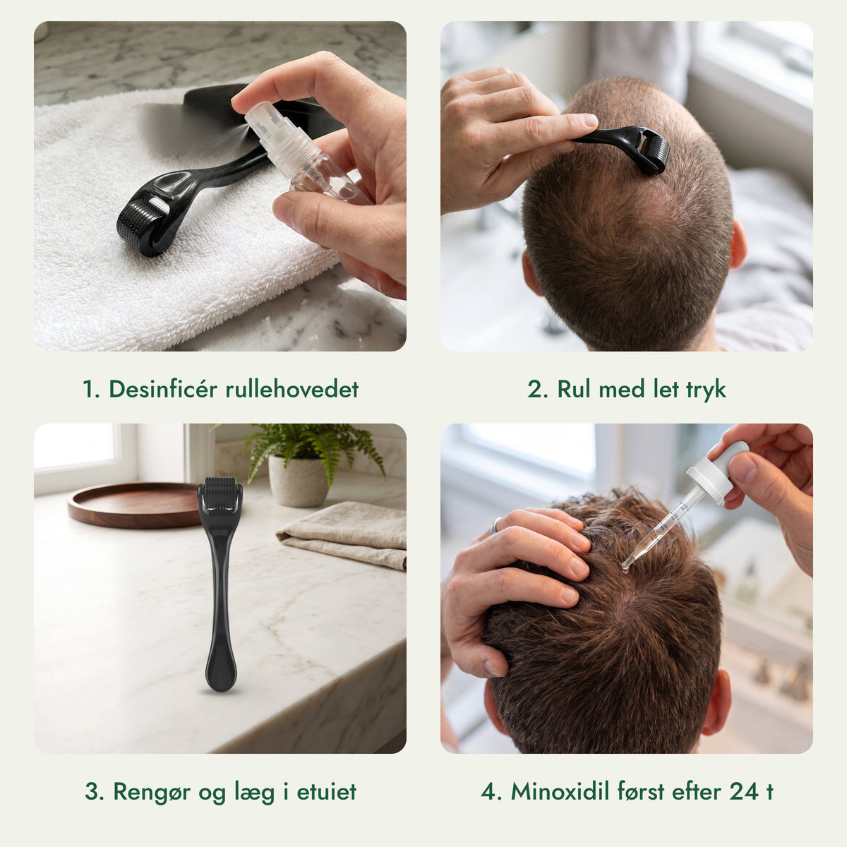 Dermaroller 540 nåle, 0,3 mm: Desinficér rullehovedet, Rul med let tryk, Rengør og læg i etuiet, Minoxidil først efter 24 t