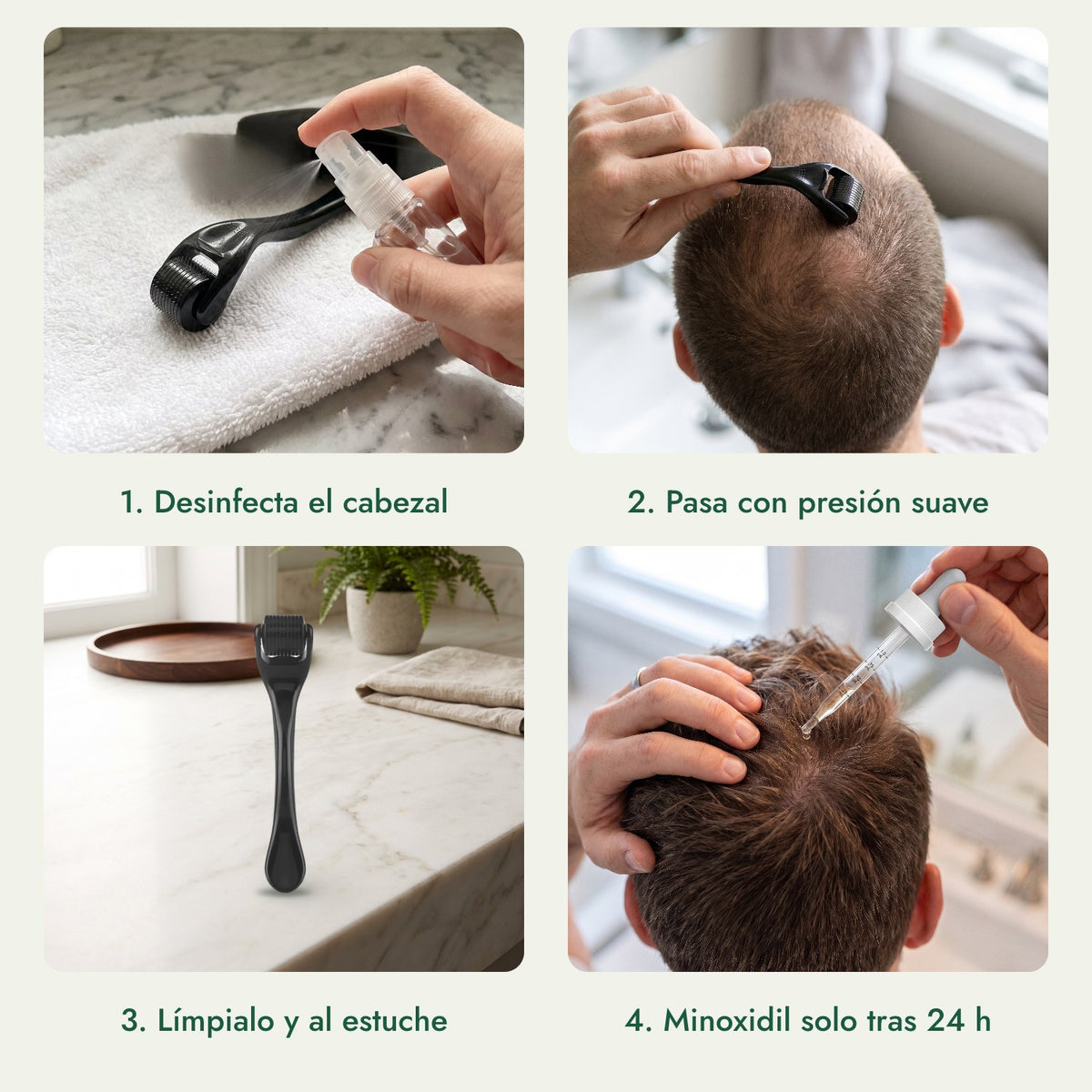 Dermaroller 540 agujas, 0,3 mm: Desinfecta el cabezal, Pasa con presión suave, Límpialo y al estuche, Minoxidil solo tras 24 h