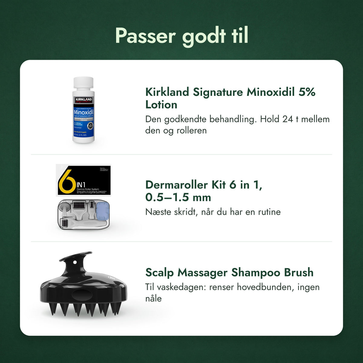 Passer godt til: Kirkland Signature Minoxidil 5%, Dermaroller-kit 6-i-1, 0,5–1,5 mm, Massagebørste til hovedbunden ved hårvask