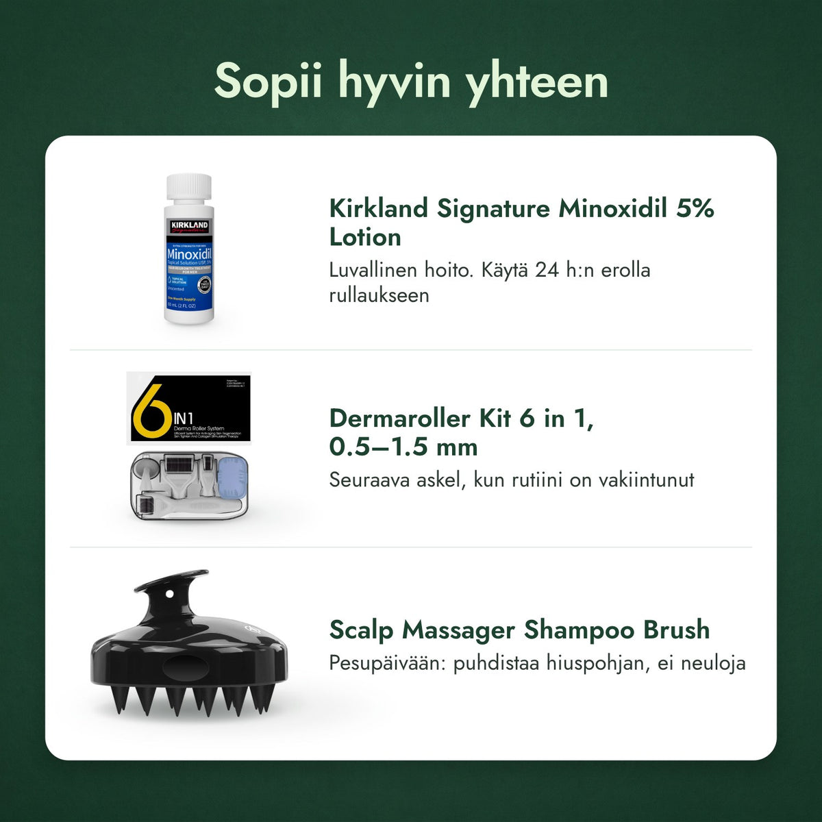 Sopii hyvin yhteen: Kirkland Signature Minoxidil 5%, Dermaroller-setti 6-in-1, 0,5–1,5 mm, Hiuspohjahieroja ja shampooharja