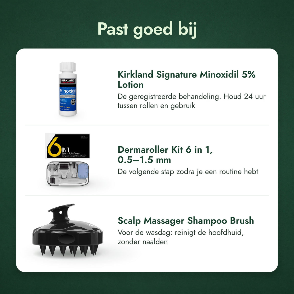 Past goed bij: Kirkland Signature Minoxidil 5%, Dermaroller-kit 6-in-1, 0,5–1,5 mm, Hoofdhuidmassager, shampooborstel