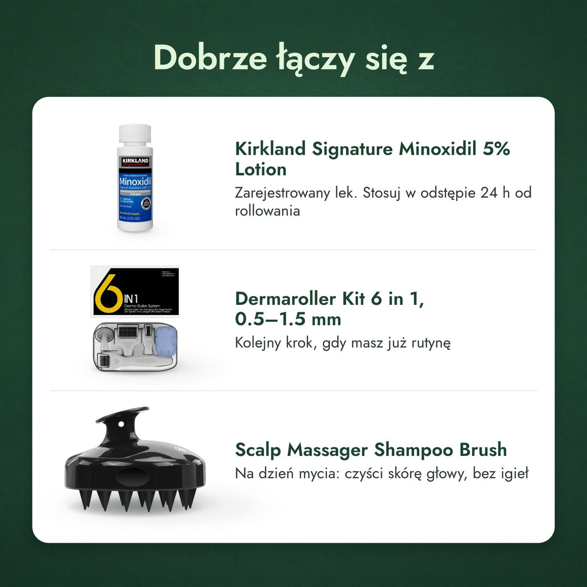 Dobrze łączy się z: Kirkland Signature Minoxidil 5%, Zestaw dermaroller 6 w 1, 0,5–1,5 mm, Szczotka do masażu skóry głowy