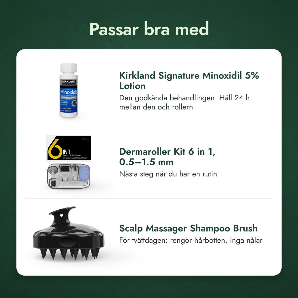 Passar bra med: Kirkland Signature Minoxidil 5%, Dermaroller-kit 6-i-1, 0,5–1,5 mm, Hårbottenmassager, schampoborste