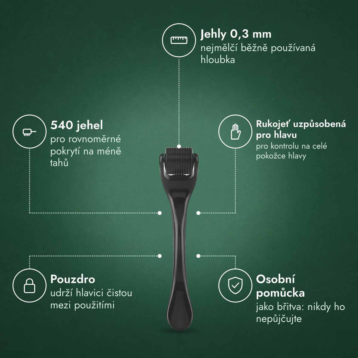 Dermaroller 540 jehel, 0,3 mm: Jehly 0,3 mm, 540 jehel, Rukojeť uzpůsobená pro hlavu, Pouzdro, Osobní pomůcka
