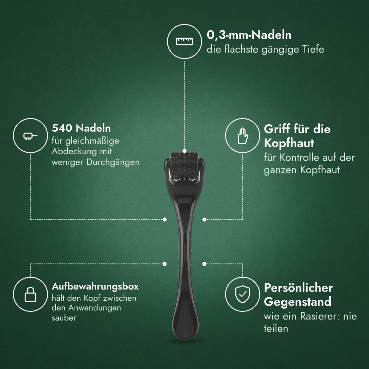 Dermaroller 540 Nadeln, 0,3 mm: 0,3-mm-Nadeln, 540 Nadeln, Griff für die Kopfhaut, Aufbewahrungsbox, Persönlicher Gegenstand