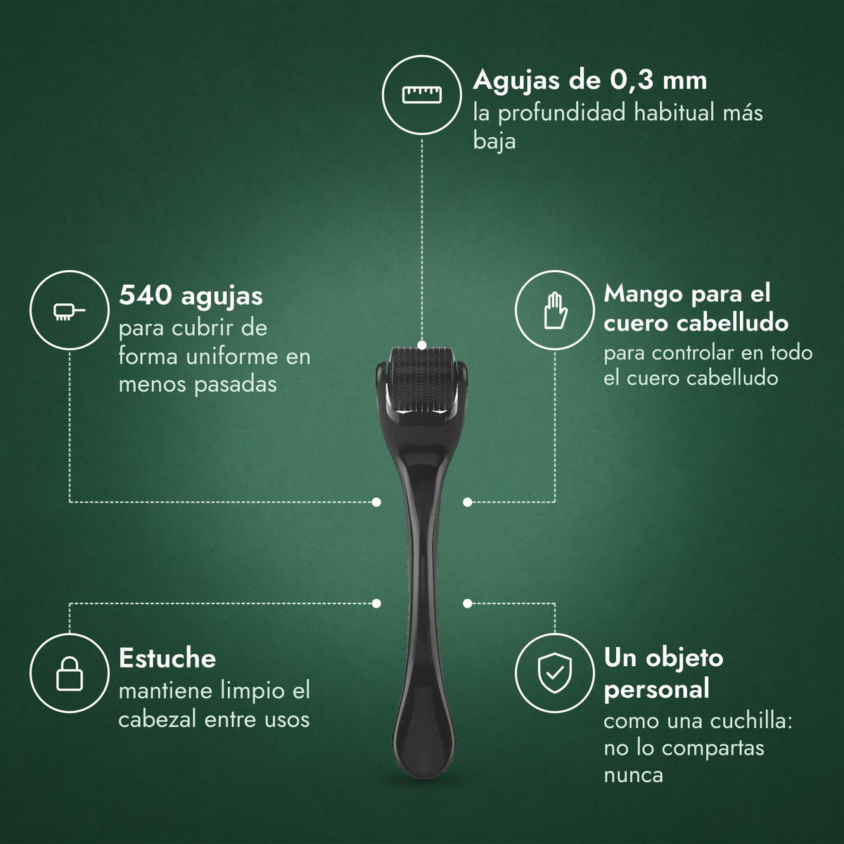 Dermaroller 540 agujas, 0,3 mm: Agujas de 0,3 mm, 540 agujas, Mango para el cuero cabelludo, Estuche, Un objeto personal