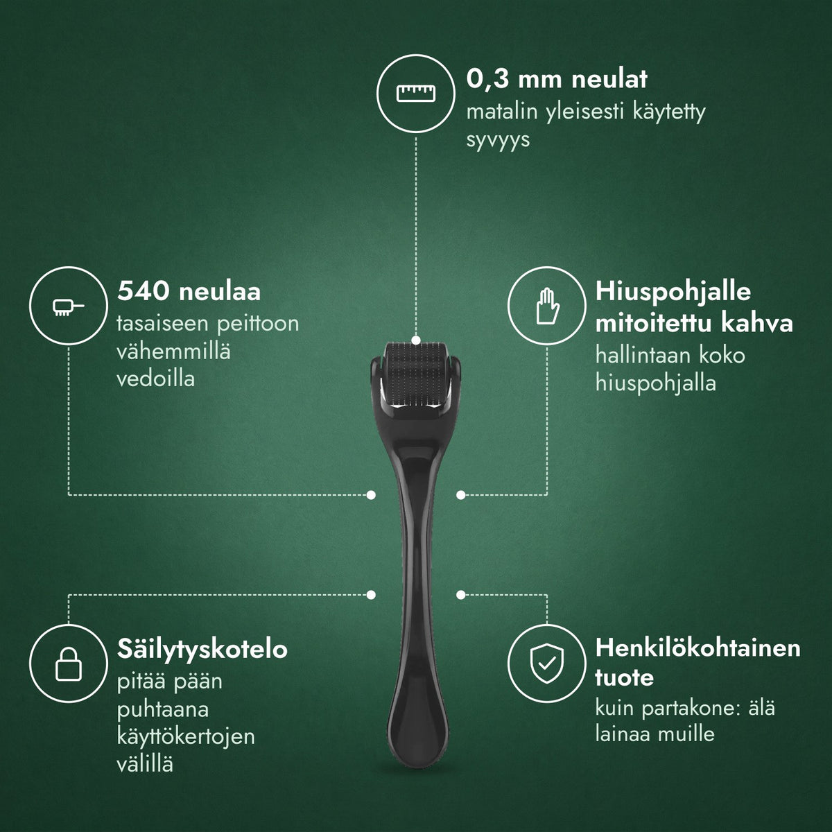 Dermaroller 540 neulaa, 0,3 mm: 0,3 mm neulat, 540 neulaa, Hiuspohjalle mitoitettu kahva, Säilytyskotelo, Henkilökohtainen tuote