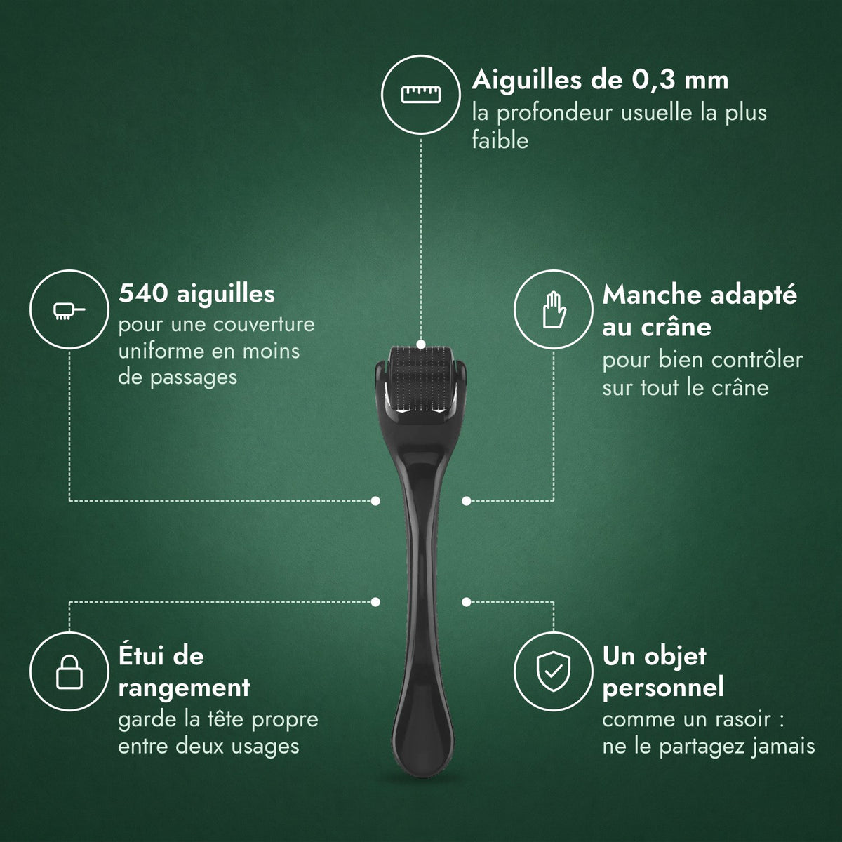 Dermaroller 540 aiguilles, 0,3 mm: Aiguilles de 0,3 mm, 540 aiguilles, Manche adapté au crâne, Étui de rangement, Un objet personnel