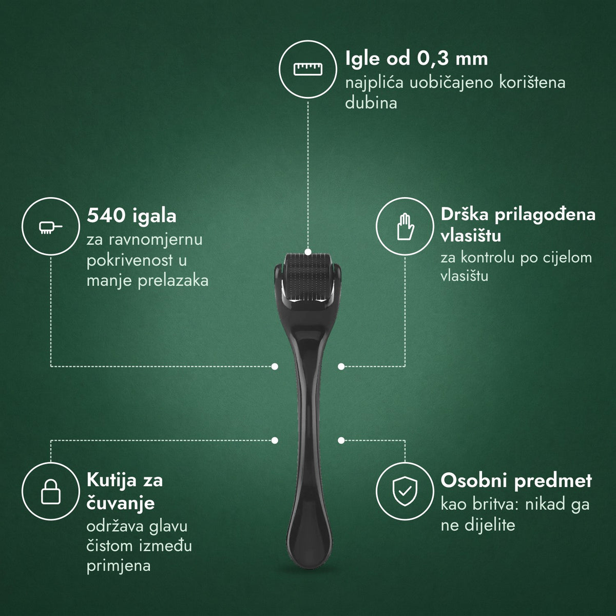 Dermaroller 540 igala, 0,3 mm: Igle od 0,3 mm, 540 igala, Drška prilagođena vlasištu, Kutija za čuvanje, Osobni predmet