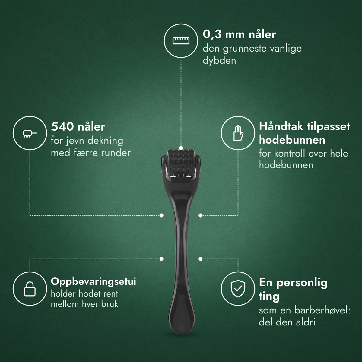 Dermaroller 540 nåler, 0,3 mm: 0,3 mm nåler, 540 nåler, Håndtak tilpasset hodebunnen, Oppbevaringsetui, En personlig ting