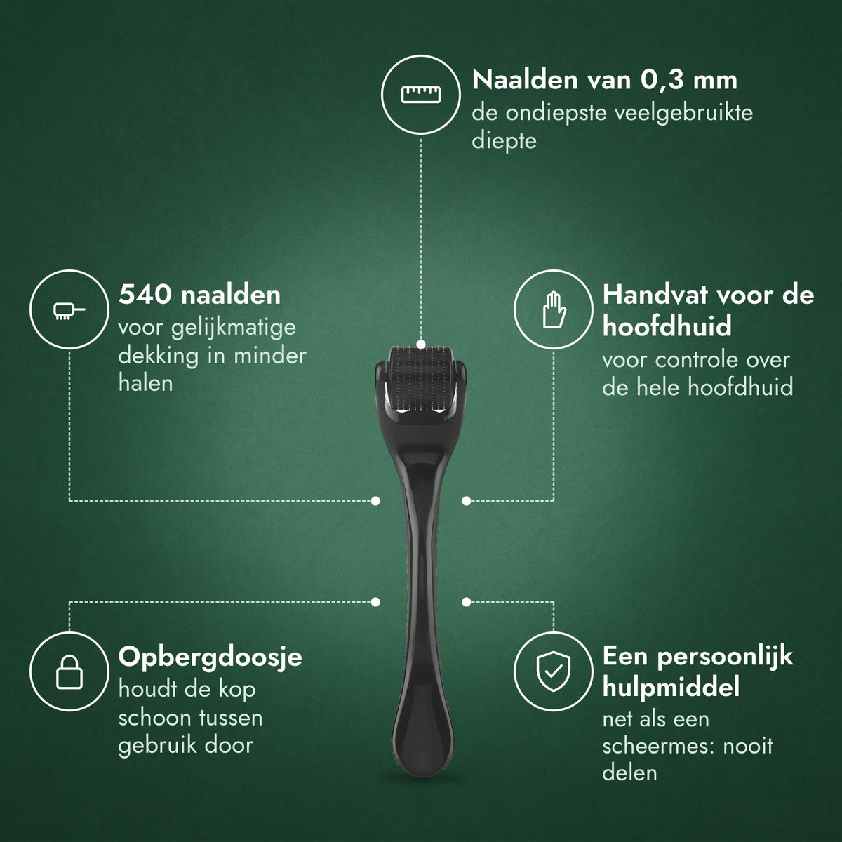 Dermaroller 540 naalden, 0,3 mm: Naalden van 0,3 mm, 540 naalden, Handvat voor de hoofdhuid, Opbergdoosje, Een persoonlijk hulpmiddel