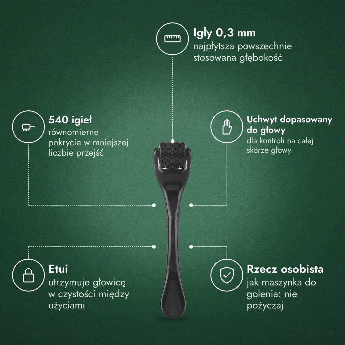 Dermaroller 540 igieł, 0,3 mm: Igły 0,3 mm, 540 igieł, Uchwyt dopasowany do głowy, Etui, Rzecz osobista