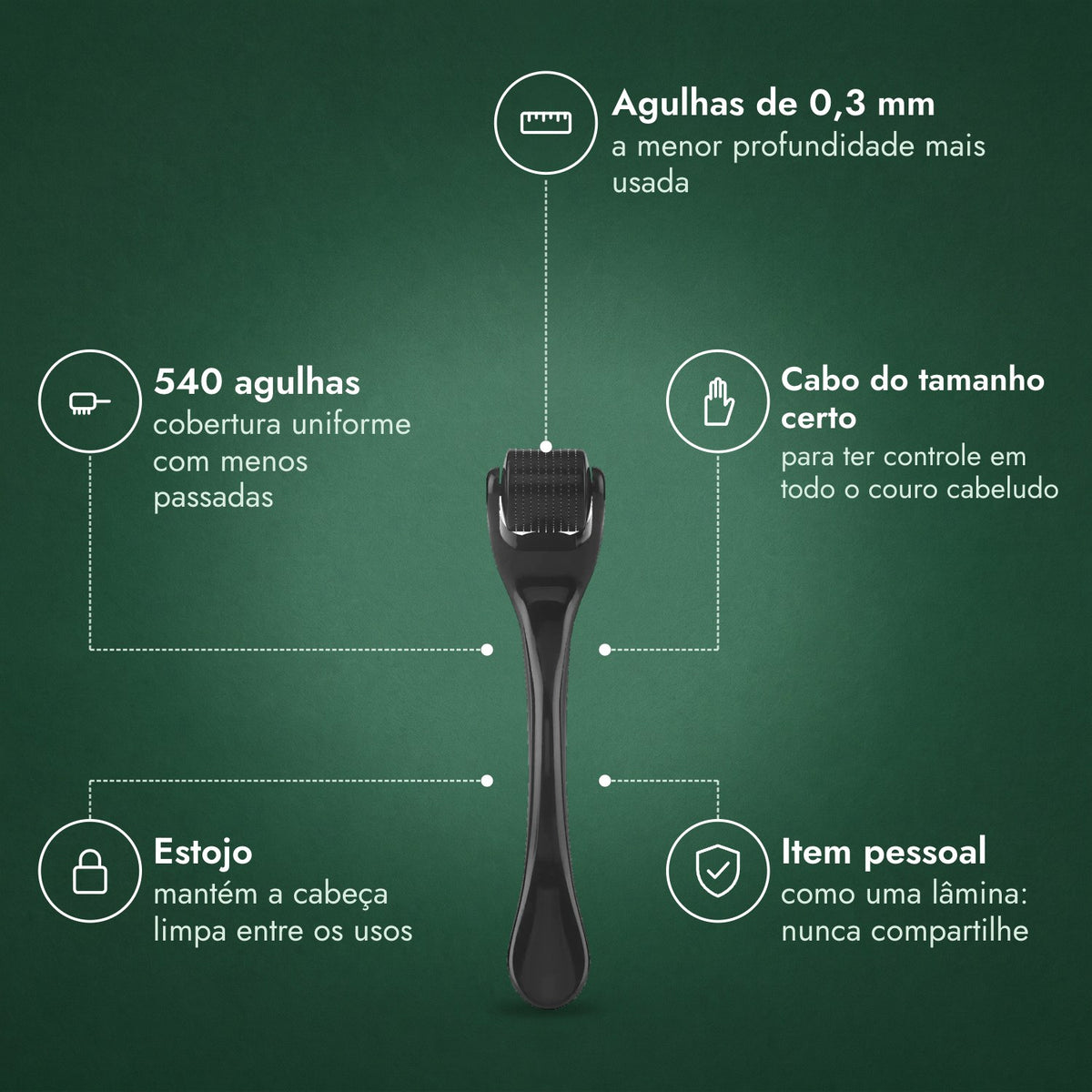Dermaroller 540 agulhas, 0,3 mm: Agulhas de 0,3 mm, 540 agulhas, Cabo do tamanho certo, Estojo, Item pessoal