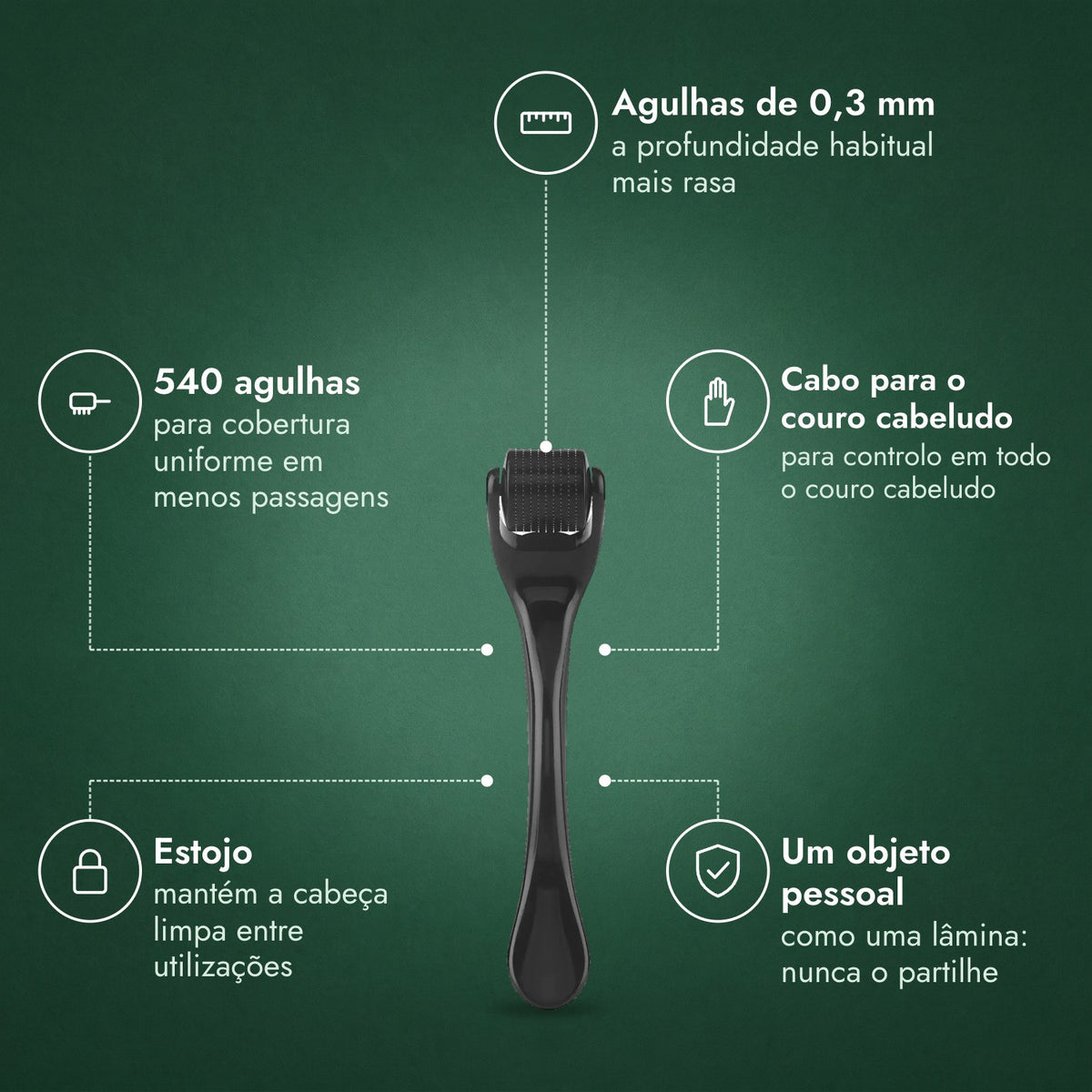 Dermaroller 540 agulhas, 0,3 mm: Agulhas de 0,3 mm, 540 agulhas, Cabo para o couro cabeludo, Estojo, Um objeto pessoal