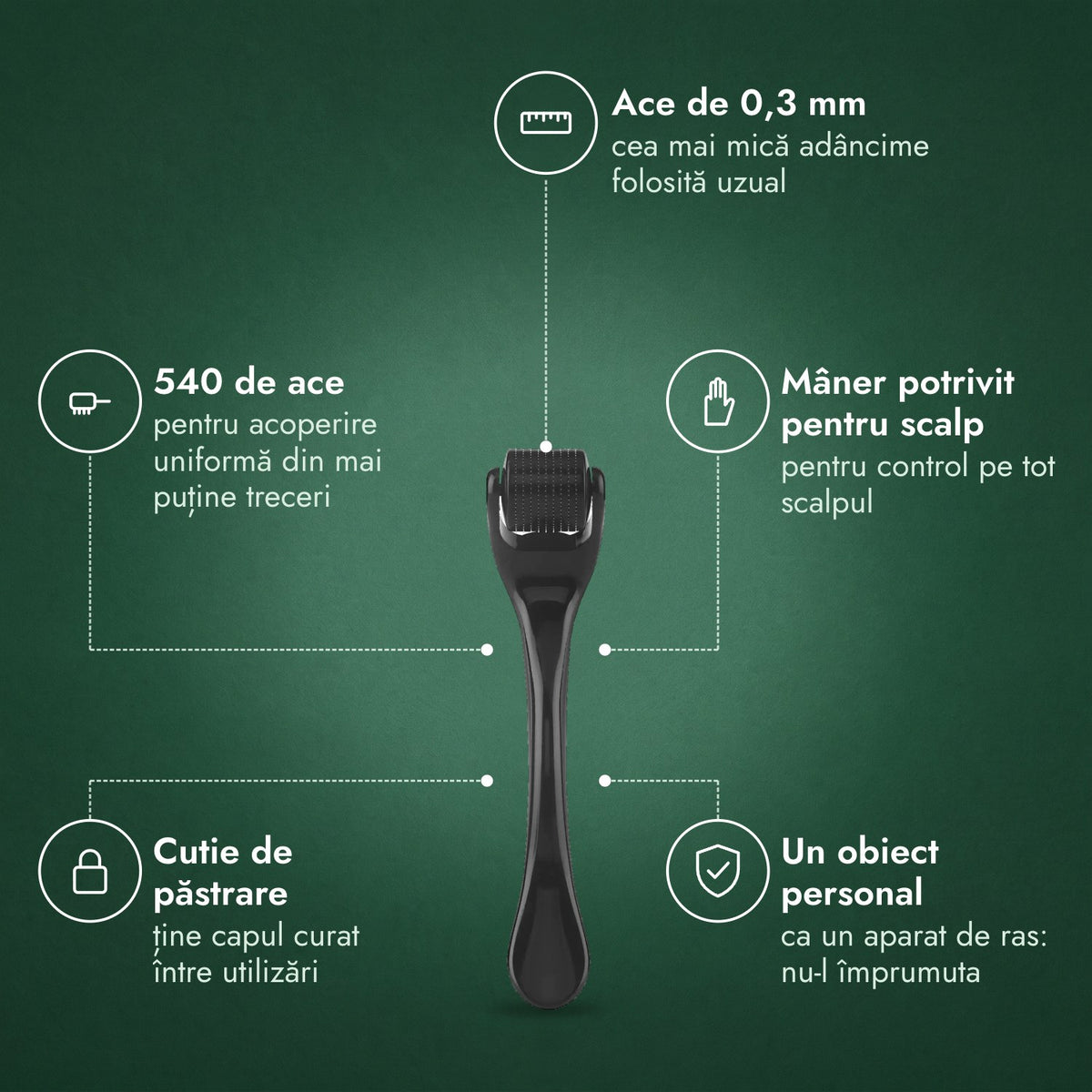 Dermaroller 540 de ace, 0,3 mm: Ace de 0,3 mm, 540 de ace, Mâner potrivit pentru scalp, Cutie de păstrare, Un obiect personal