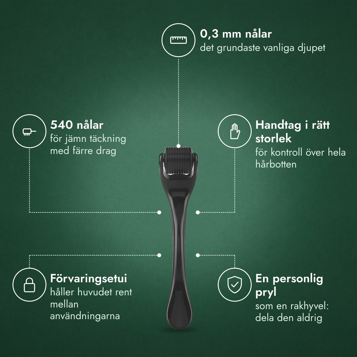 Dermaroller 540 nålar, 0,3 mm: 0,3 mm nålar, 540 nålar, Handtag i rätt storlek, Förvaringsetui, En personlig pryl