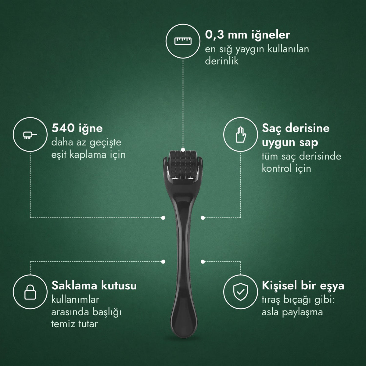 Dermaroller 540 iğne, 0,3 mm: 0,3 mm iğneler, 540 iğne, Saç derisine uygun sap, Saklama kutusu, Kişisel bir eşya