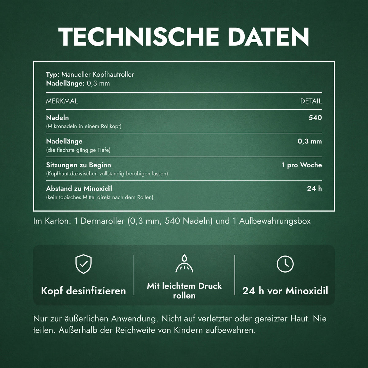 Technische Daten: Dermaroller 540 Nadeln, 0,3 mm