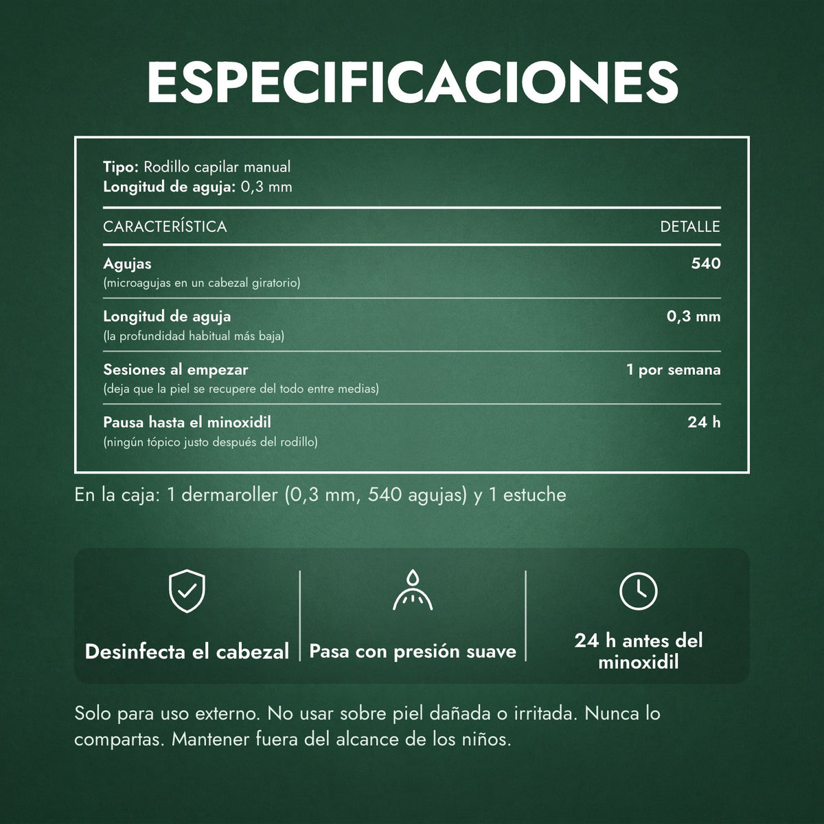 Especificaciones: Dermaroller 540 agujas, 0,3 mm