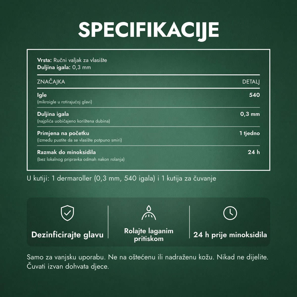 Specifikacije: Dermaroller 540 igala, 0,3 mm