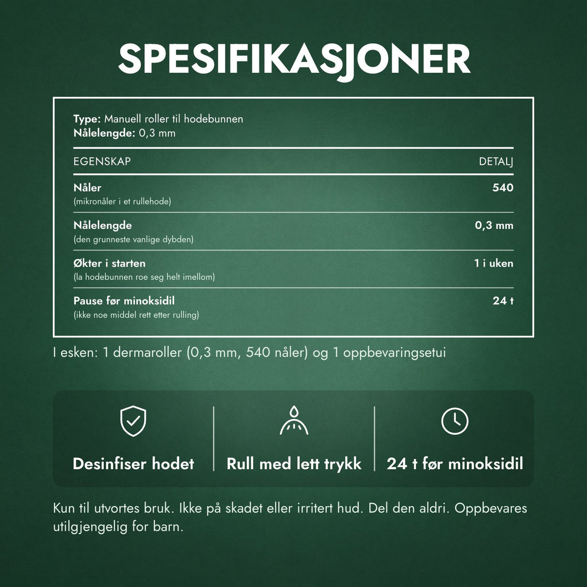 Spesifikasjoner: Dermaroller 540 nåler, 0,3 mm