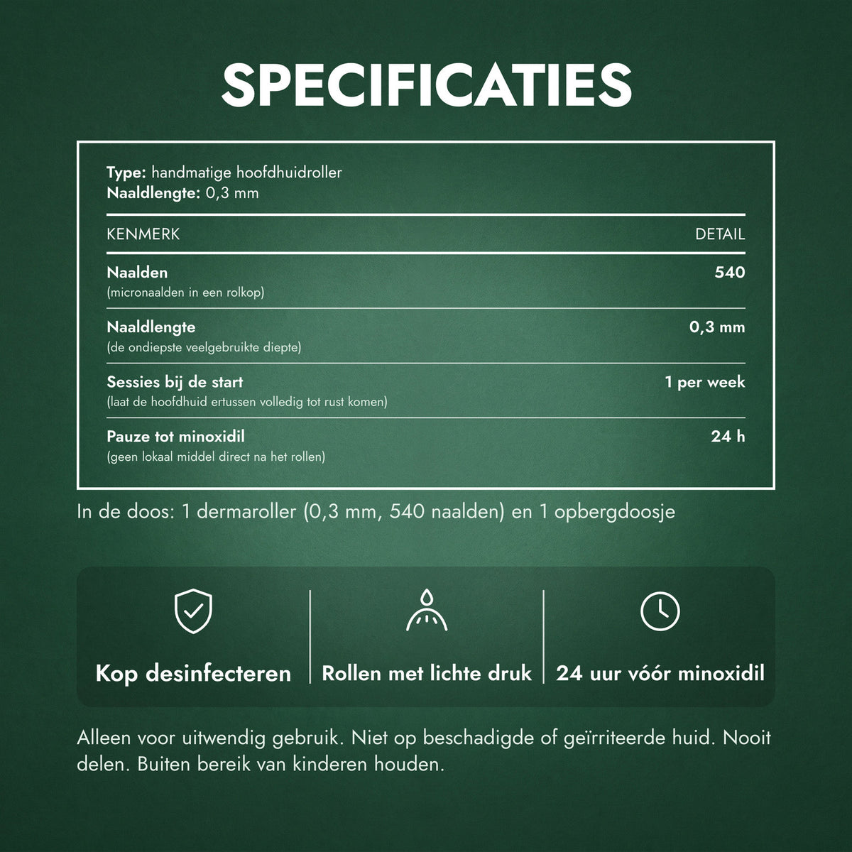 Specificaties: Dermaroller 540 naalden, 0,3 mm