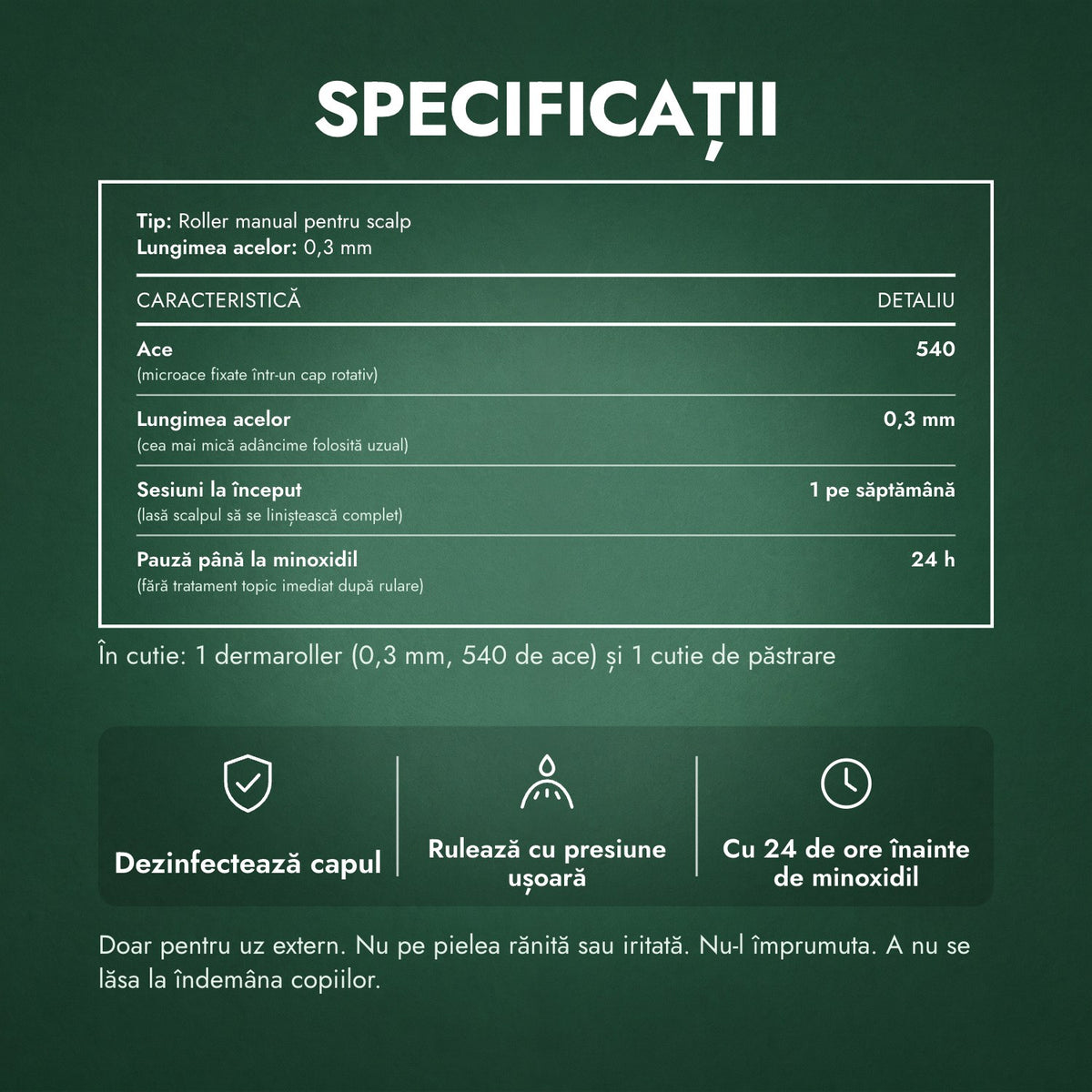 Specificații: Dermaroller 540 de ace, 0,3 mm