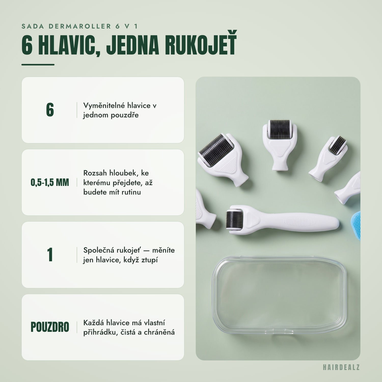 6v1 dermaroller set — šest hlavic, jedna rukojeť