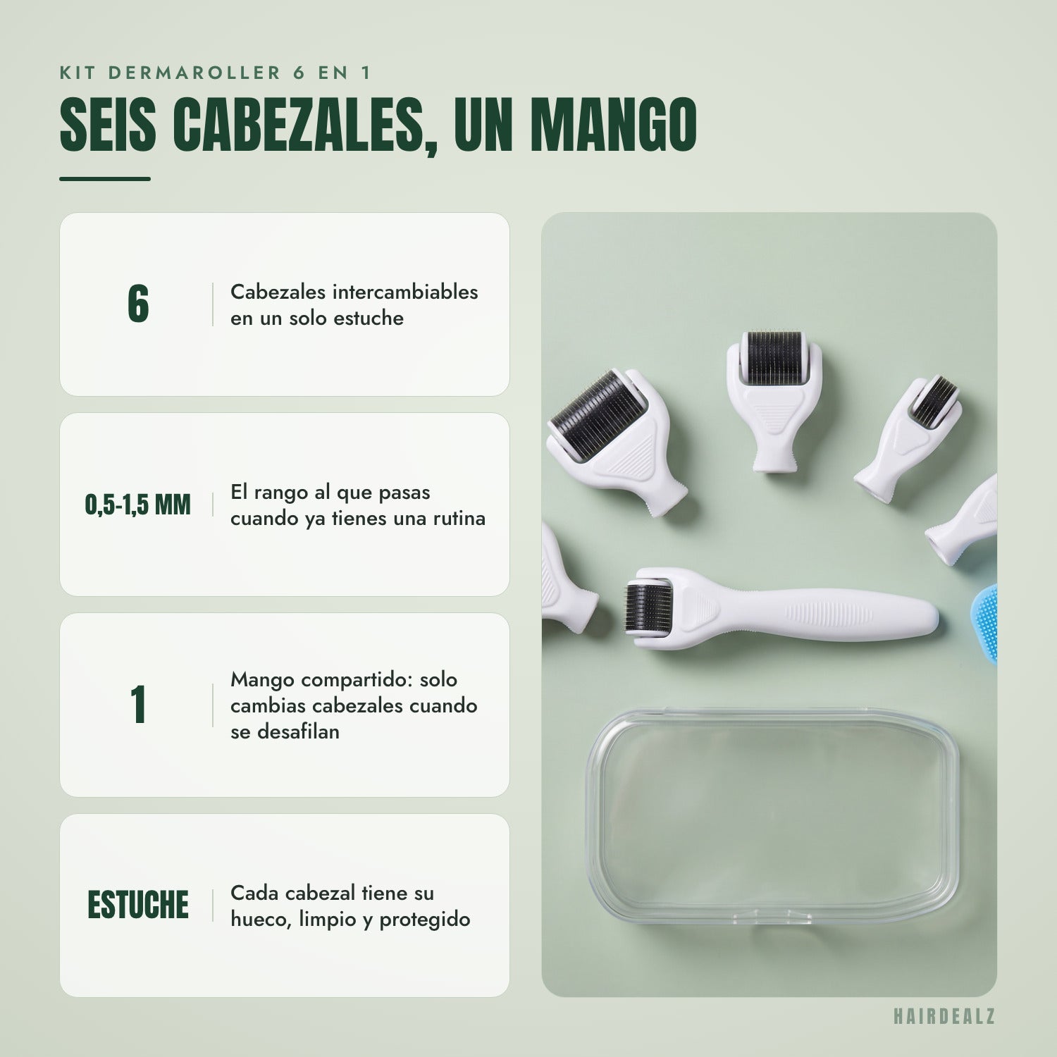 Kit dermaroller 6 en 1 — Seis cabezales, un mango
