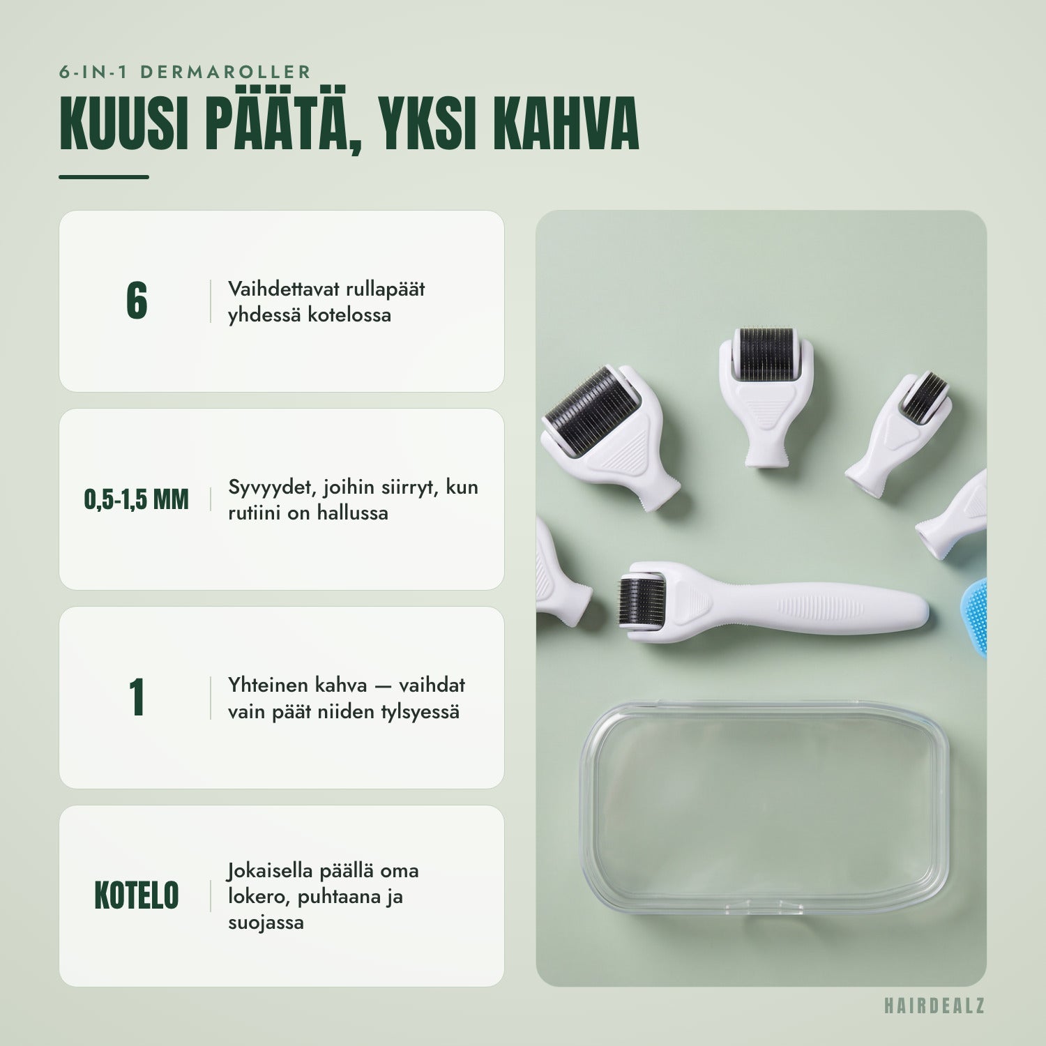 6-in-1 dermaroller-setti — Kuusi päätä, yksi kahva