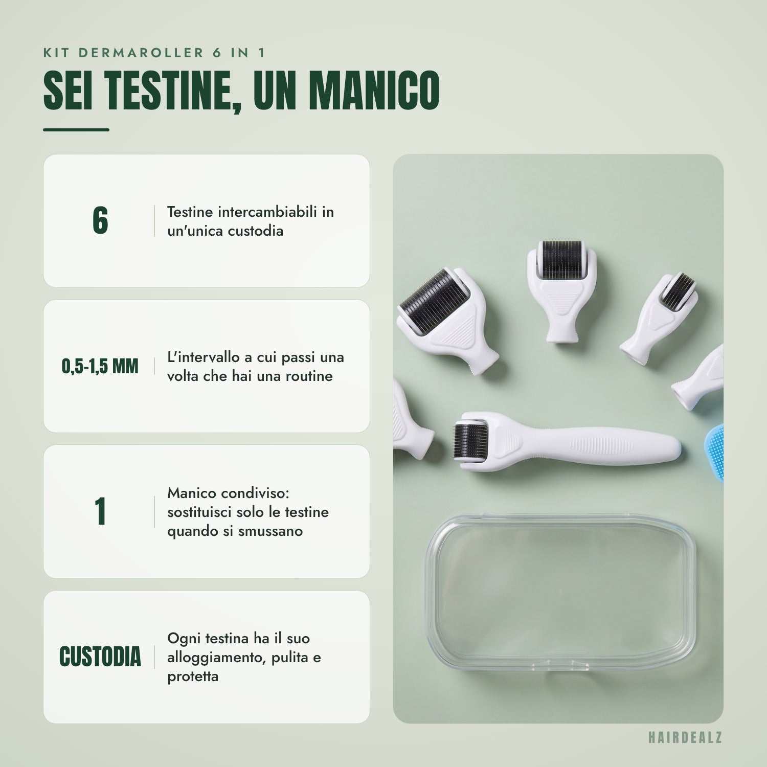 Kit dermaroller 6 in 1 — Sei testine, un manico