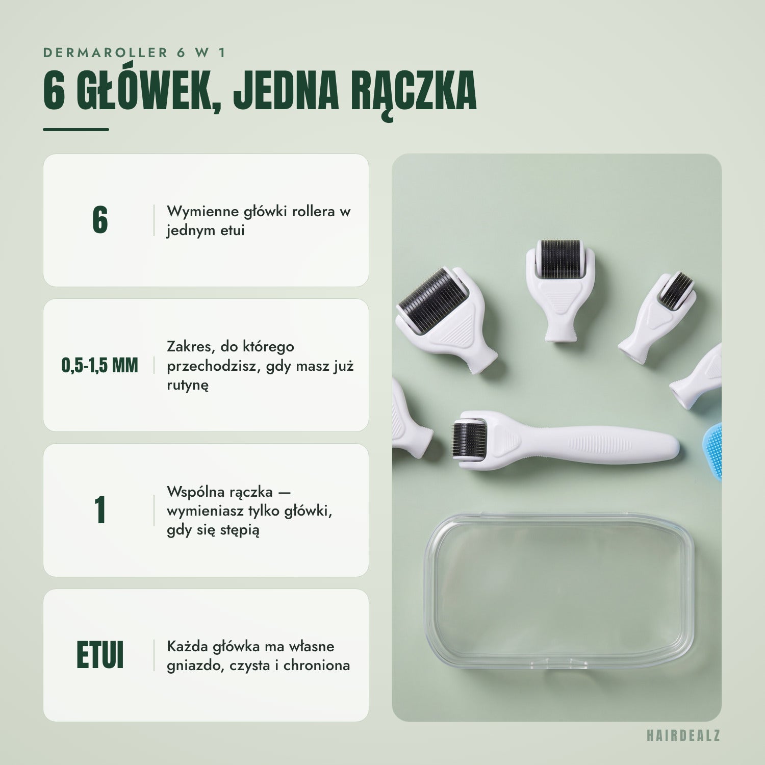 Zestaw dermaroller 6 w 1 — Sześć końcówek, jeden uchwyt