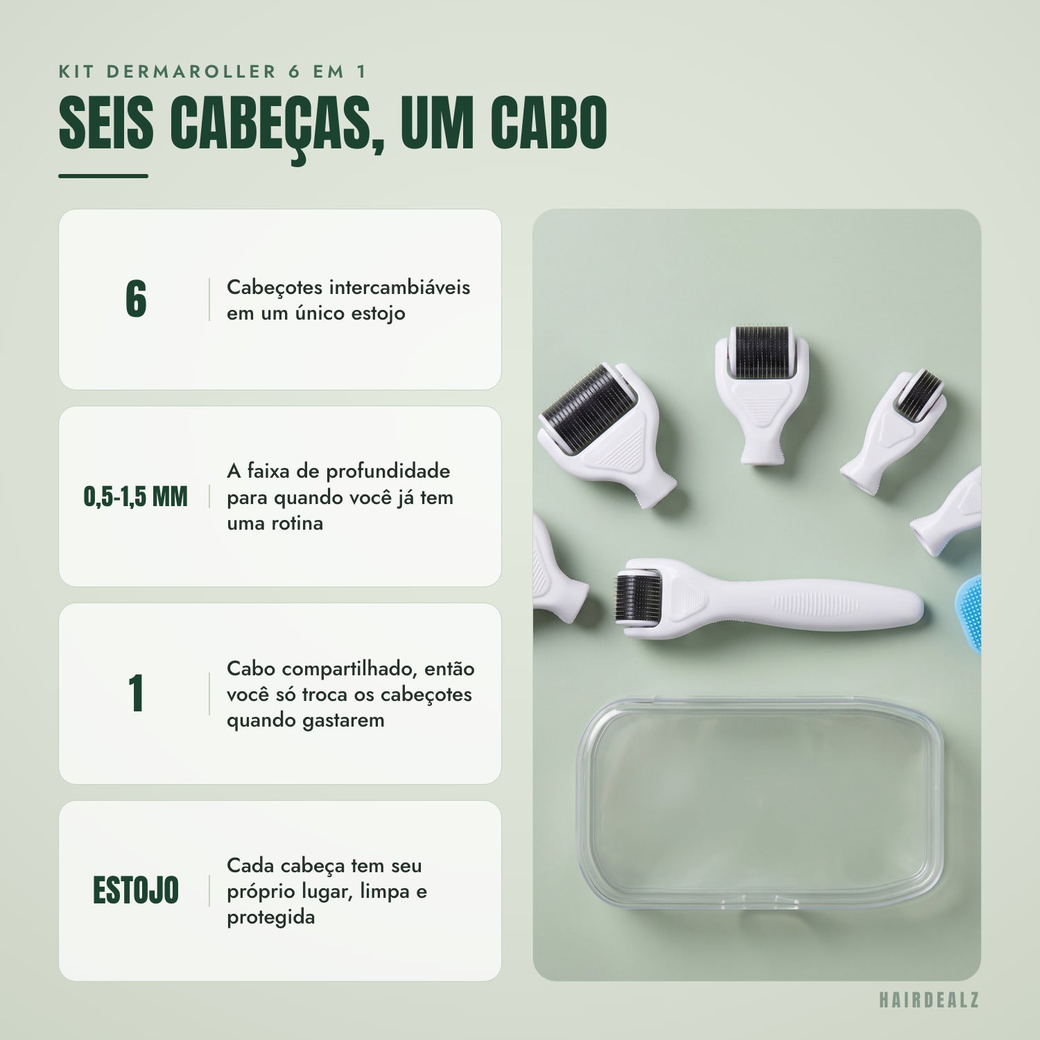 Kit dermaroller 6 em 1 — Seis cabeçotes, um cabo