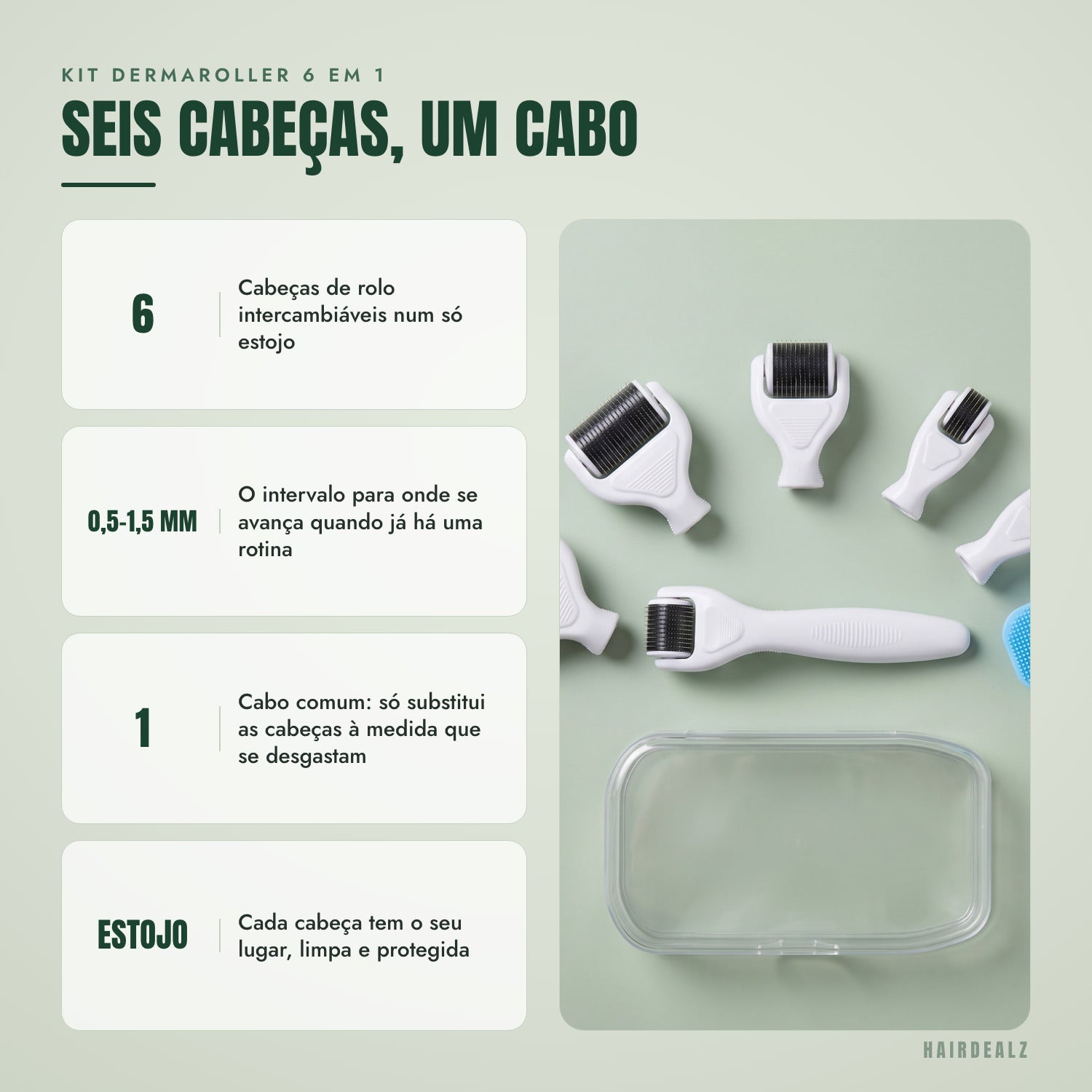 Kit dermaroller 6 em 1 — Seis cabeças, um cabo