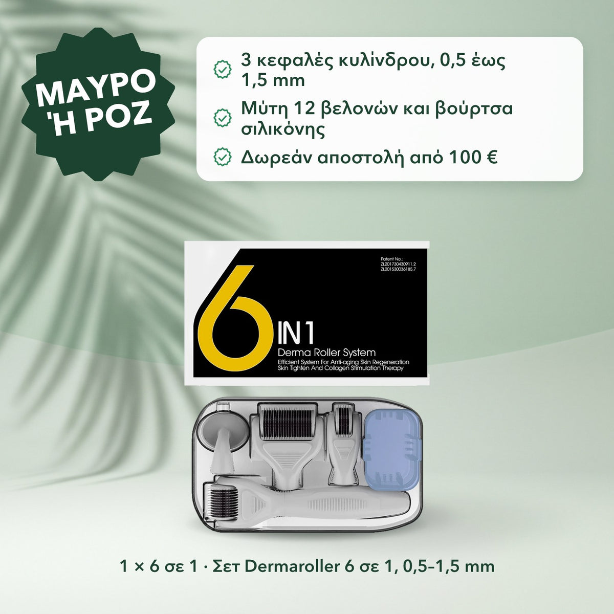 1 × 6 σε 1 · Σετ Dermaroller 6 σε 1, 0,5–1,5 mm: Μαύρο ή ροζ