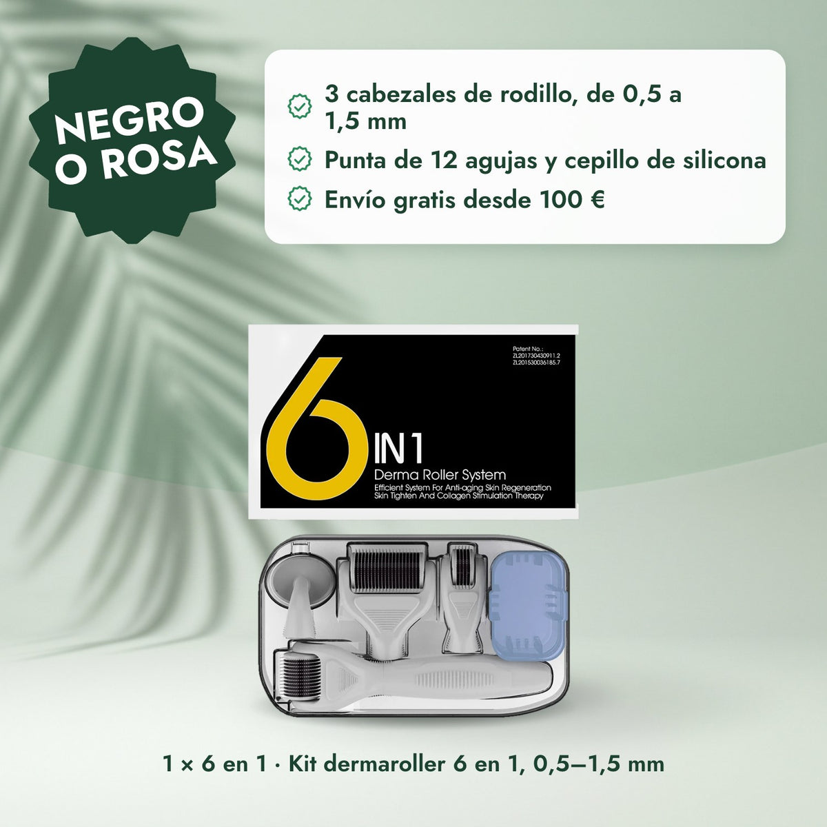 1 × 6 en 1 · Kit dermaroller 6 en 1, 0,5–1,5 mm: Negro o rosa