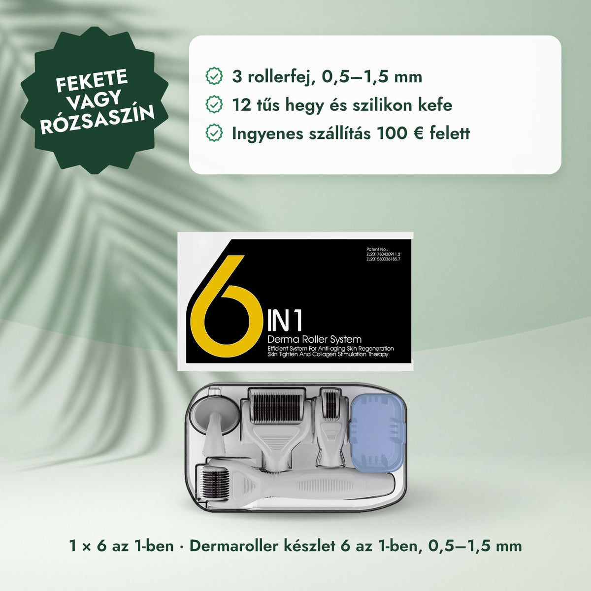 1 × 6 az 1-ben · Dermaroller készlet 6 az 1-ben, 0,5–1,5 mm: Fekete vagy rózsaszín