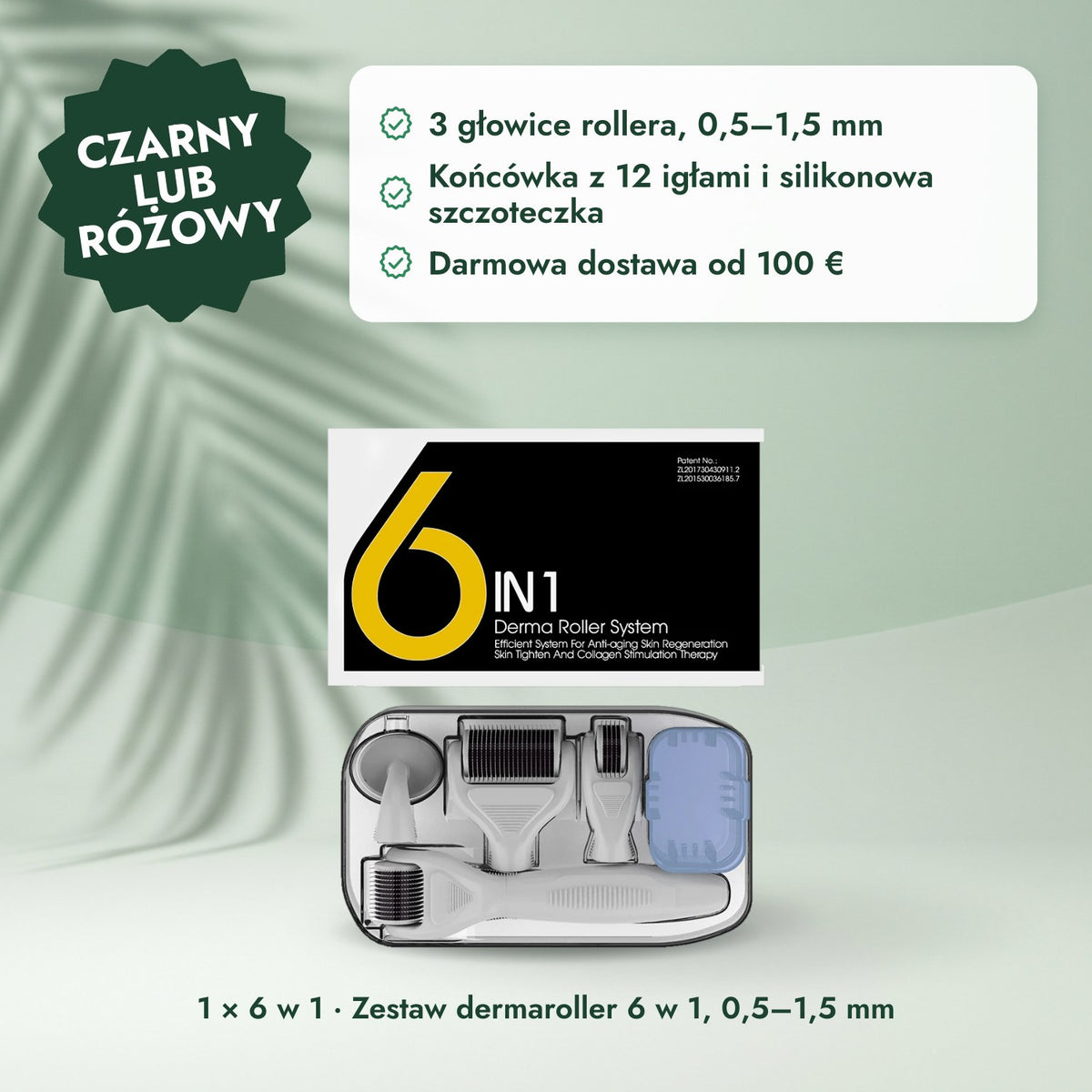 1 × 6 w 1 · Zestaw dermaroller 6 w 1, 0,5–1,5 mm: Czarny lub różowy
