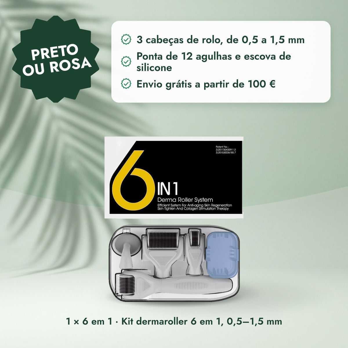 1 × 6 em 1 · Kit dermaroller 6 em 1, 0,5–1,5 mm: Preto ou rosa