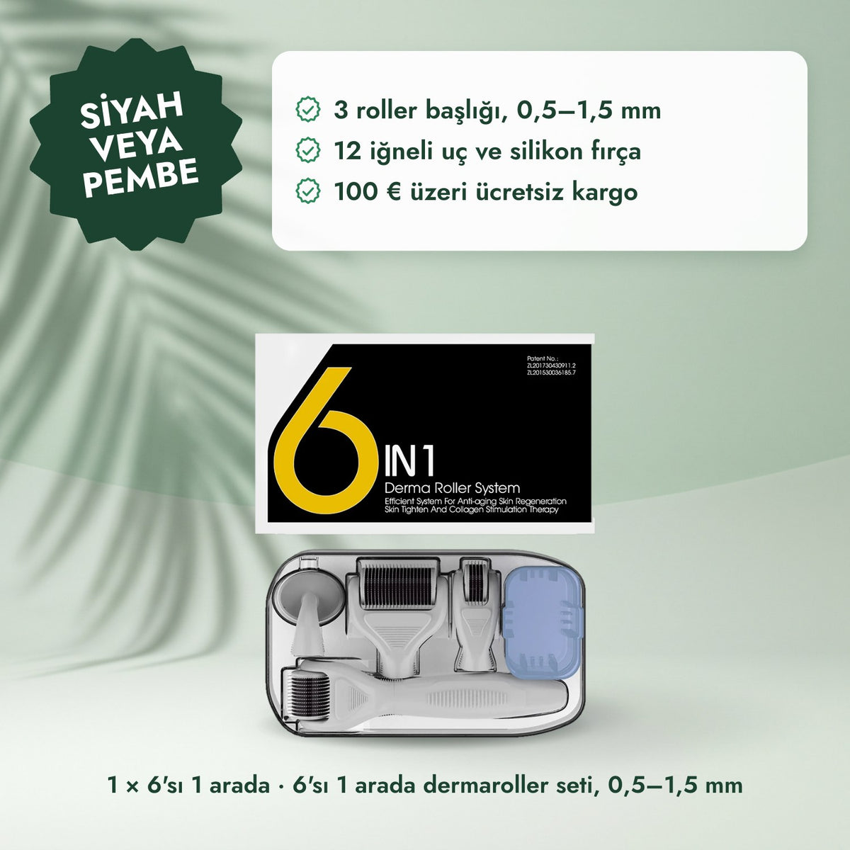 1 × 6'sı 1 arada · 6'sı 1 arada dermaroller seti, 0,5–1,5 mm: Siyah veya pembe